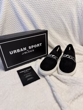Urban Sport JSlide Lanna Slip On Silver Buckle Loafer Black Suede 7.5